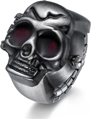 JewelryWe Men Women Finger Watch Punk Skull Flip-Open Cover Quartz Analog Adjustable Ring Watches