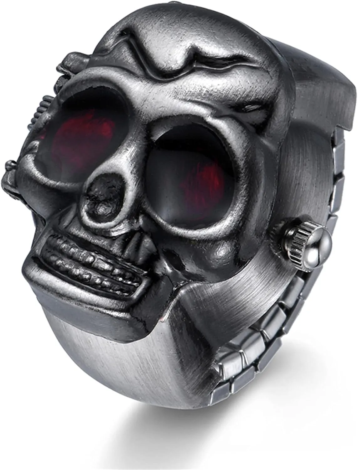 JewelryWe Men Women Finger Watch Punk Skull Flip-Open Cover Quartz Analog Adjustable Ring Watches