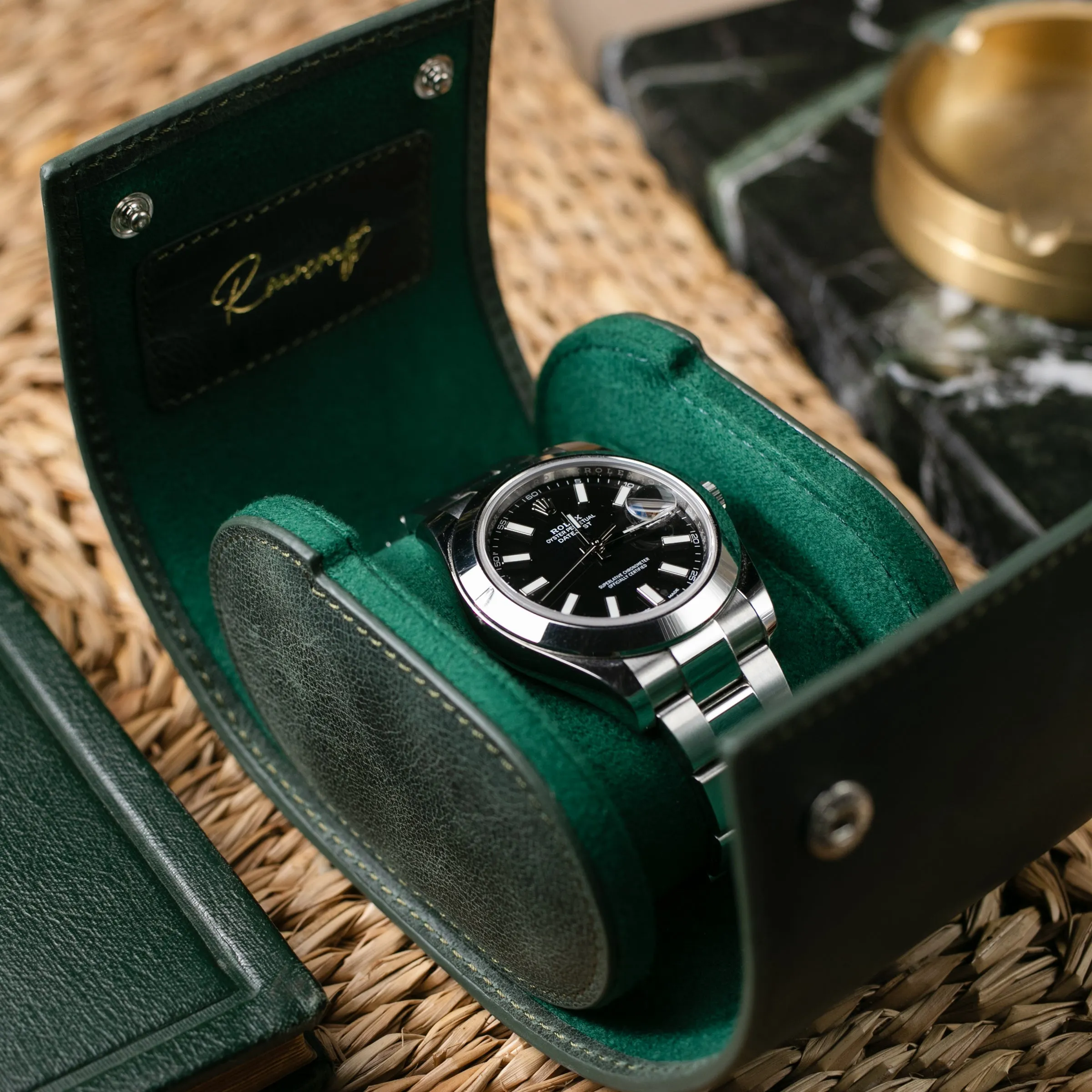 Leather Travel Watch Case - Emerald - Single Watch Roll