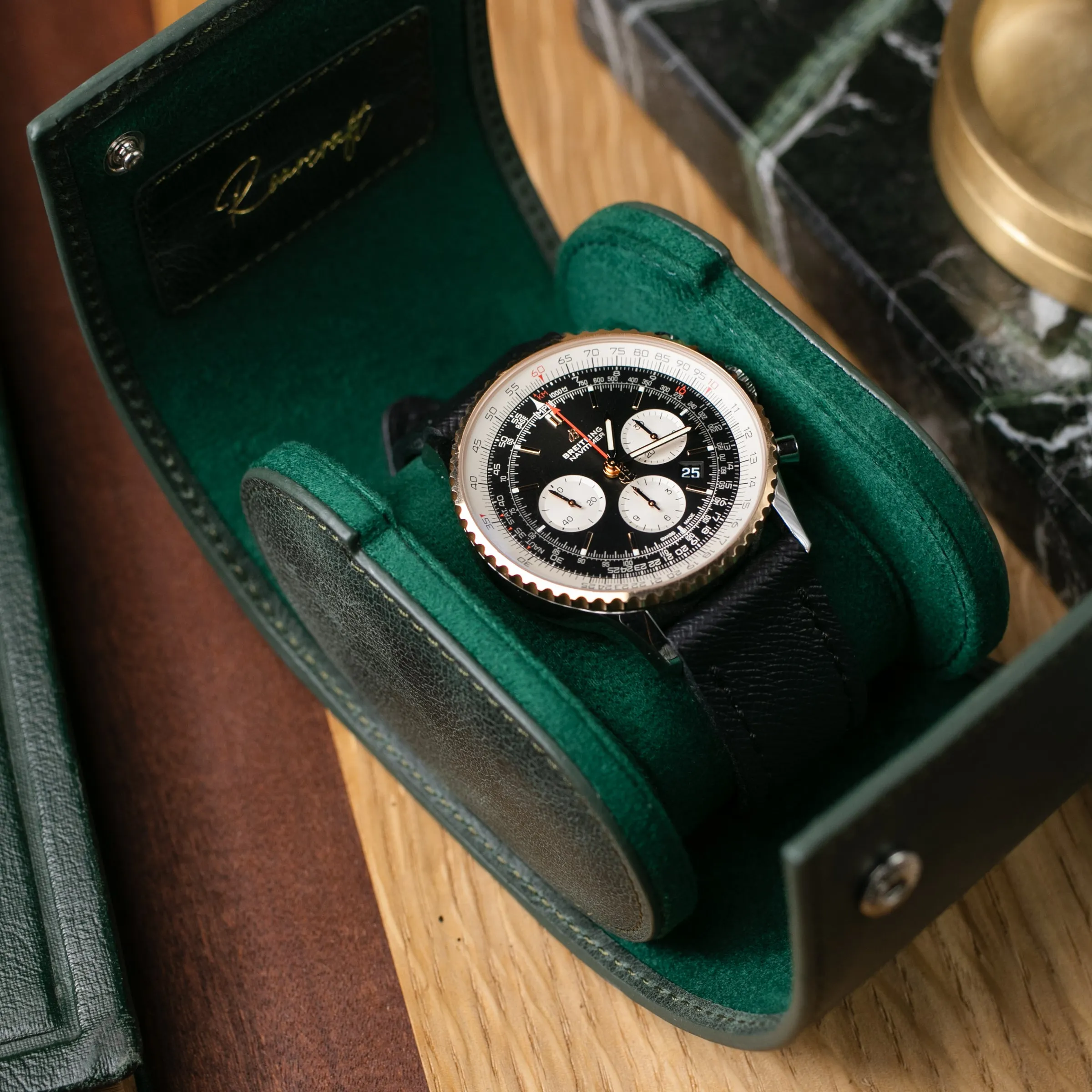 Leather Travel Watch Case - Emerald - Single Watch Roll