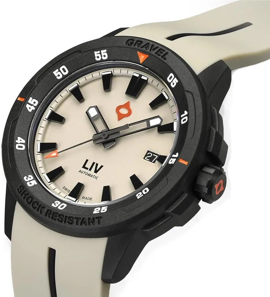 LIV Gravel 001 Collection - Rugged 26-Jewel Swiss Automatic - Dense Carbon Case with Shock Resistant Tech - Multi-Layer 3D Dial - 100M Water Resistant - Lightweight Men's Adventure Watch