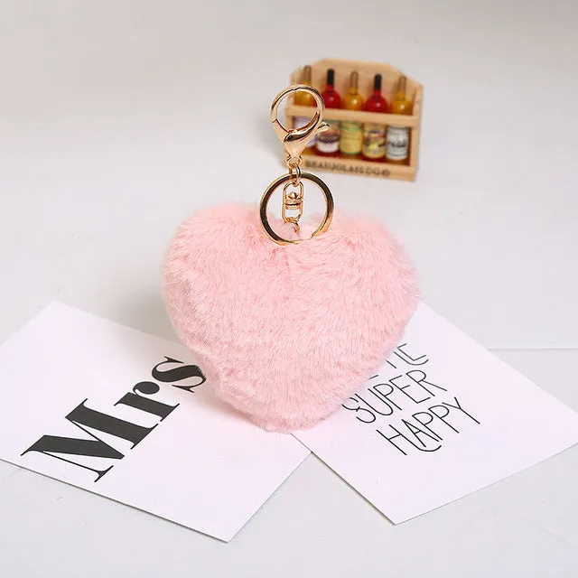 Luxury Fluffy Fur Keychain Soft Heart Lovely Heart Shape Pompons 8CM Genuine Rabbit Fur Ball Car Handbag Key Ring Multicolor