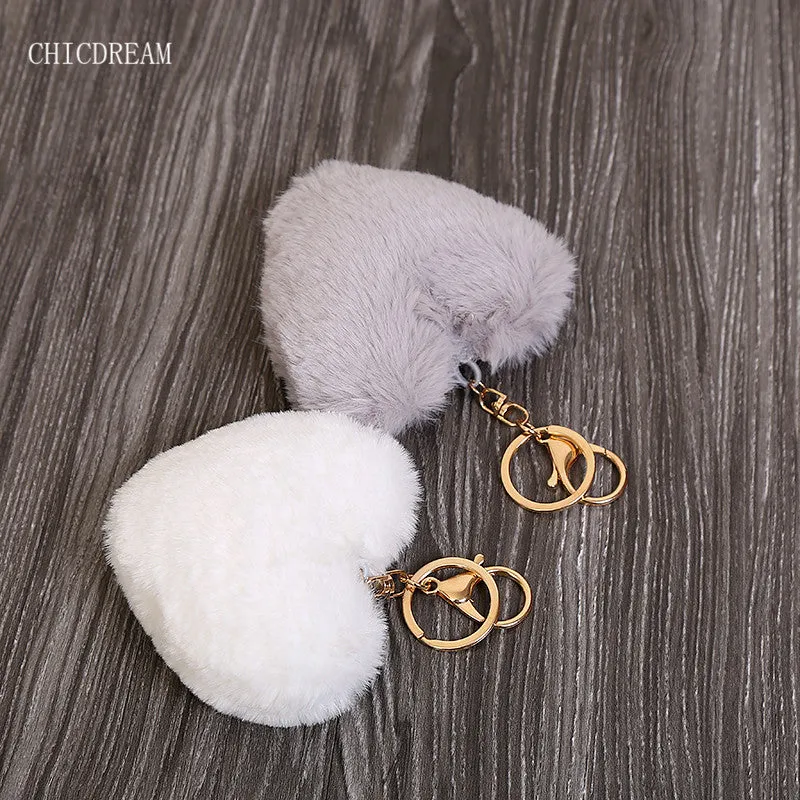 Luxury Fluffy Fur Keychain Soft Heart Lovely Heart Shape Pompons 8CM Genuine Rabbit Fur Ball Car Handbag Key Ring Multicolor