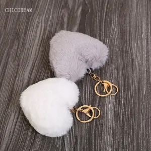 Luxury Fluffy Fur Keychain Soft Heart Lovely Heart Shape Pompons 8CM Genuine Rabbit Fur Ball Car Handbag Key Ring Multicolor