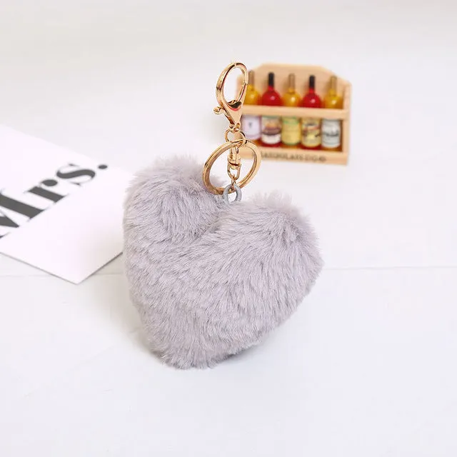 Luxury Fluffy Fur Keychain Soft Heart Lovely Heart Shape Pompons 8CM Genuine Rabbit Fur Ball Car Handbag Key Ring Multicolor