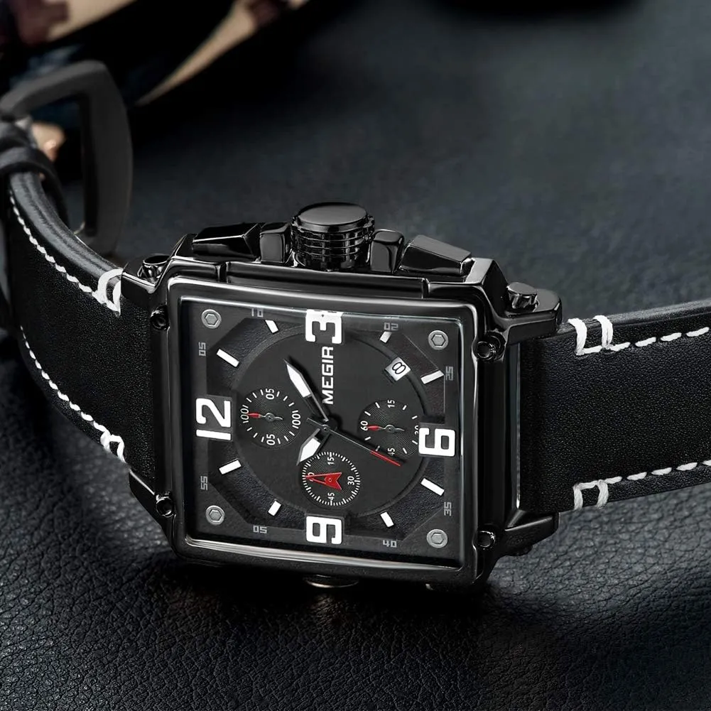 MEGIR Men's Analogue Army Military Chronograph Luminous Quartz Watch with Fashion Leather Strap for Sport & Business Work ML2061G
