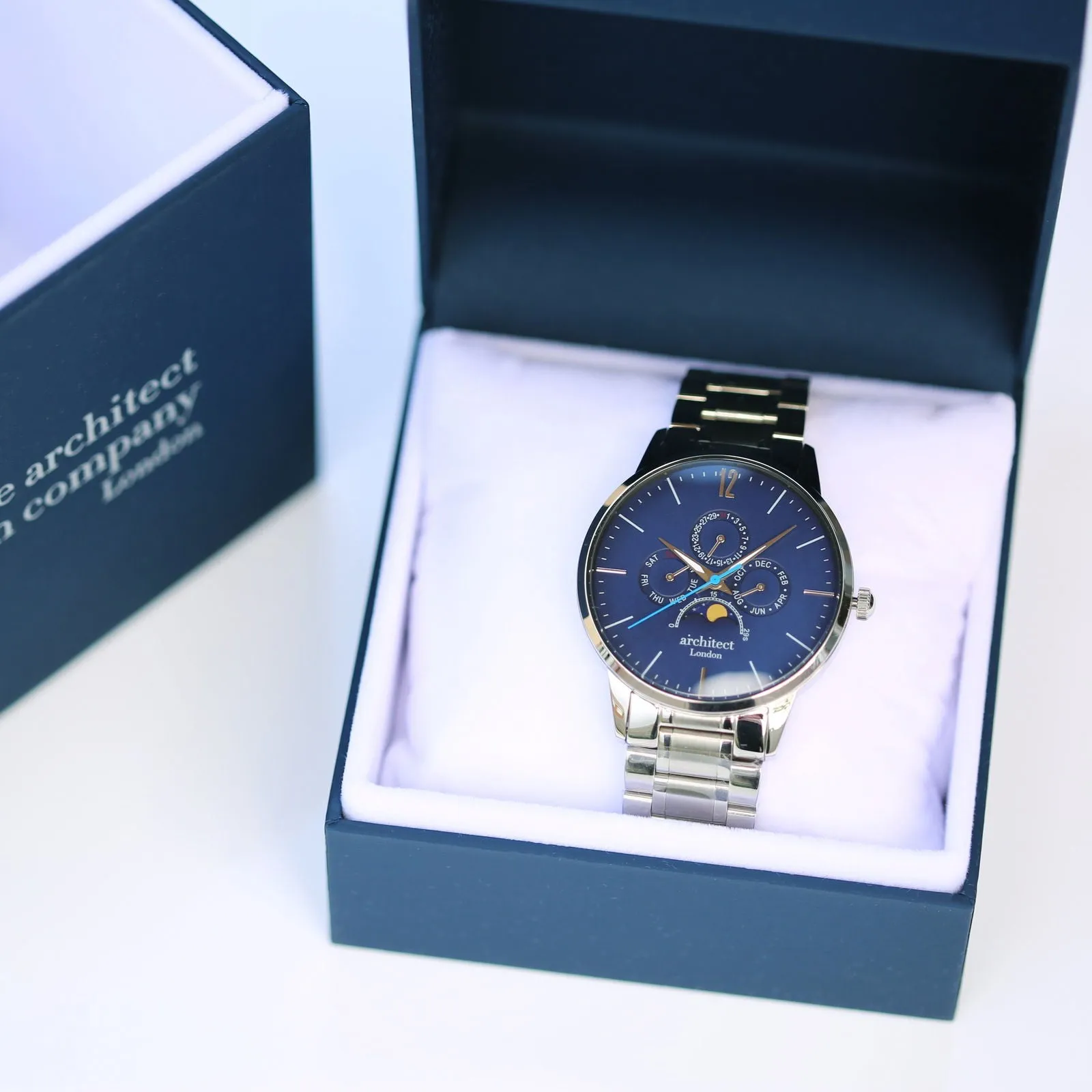 Men's Architect Blue Engraved Moonphase Watch