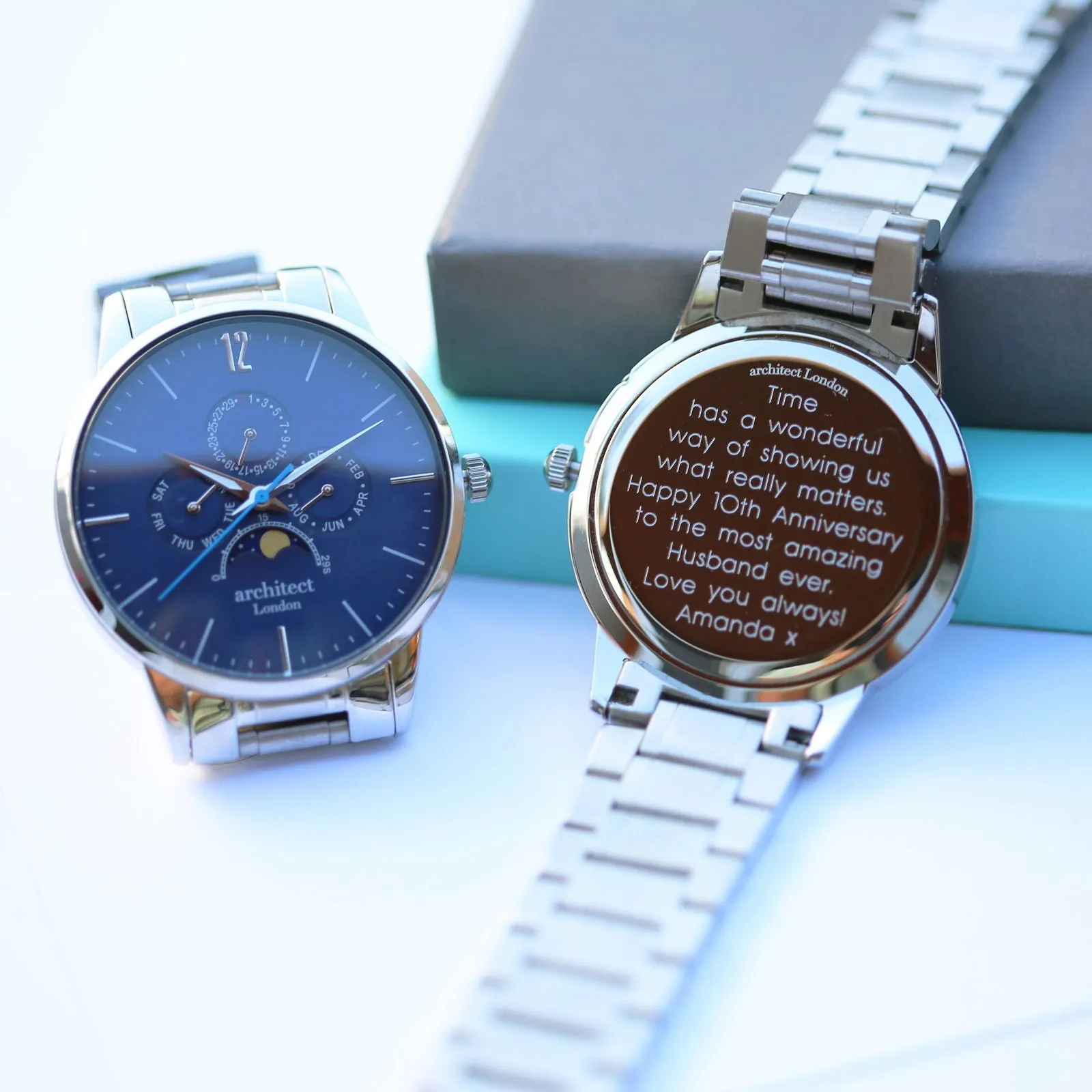 Men's Architect Blue Engraved Moonphase Watch