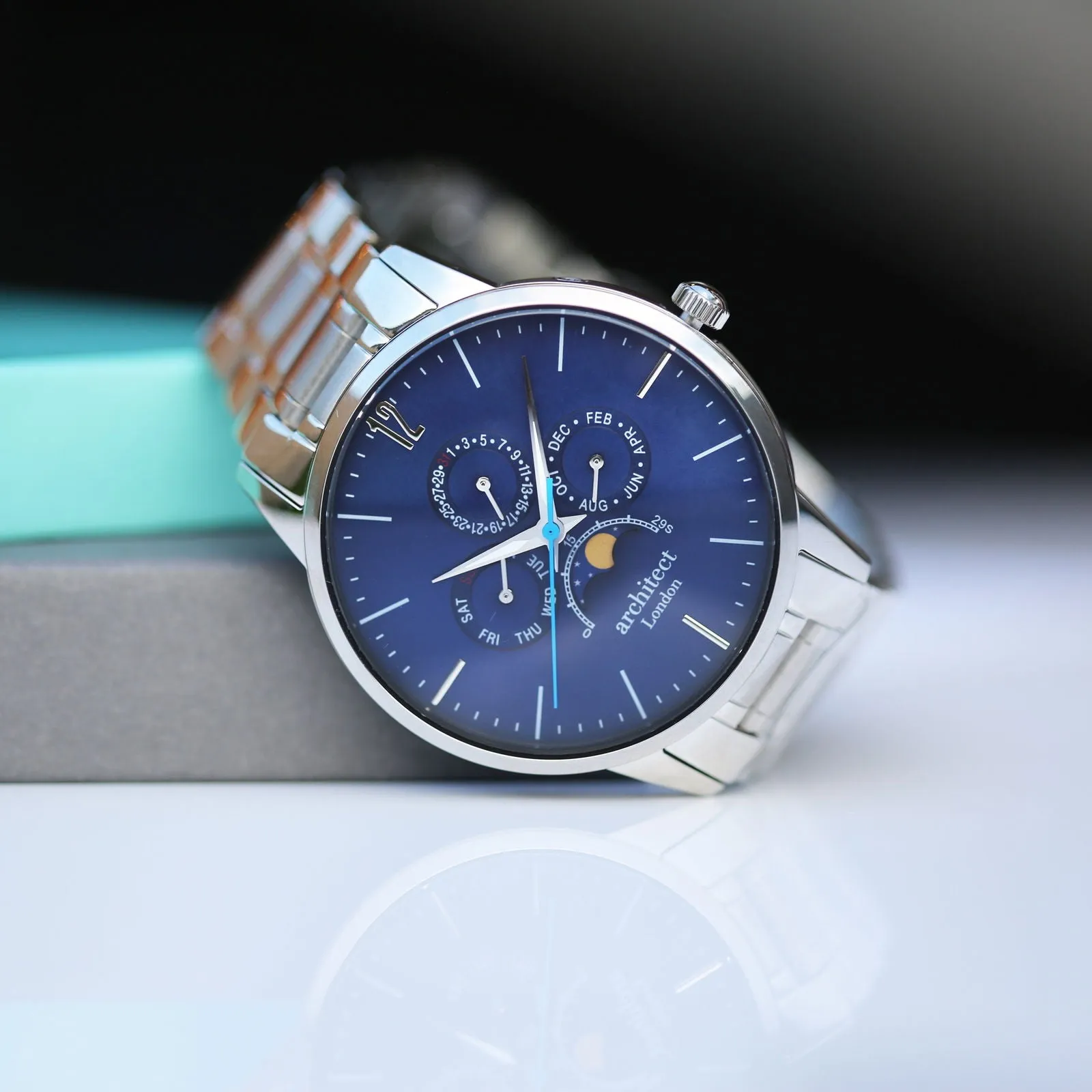 Men's Architect Blue Engraved Moonphase Watch