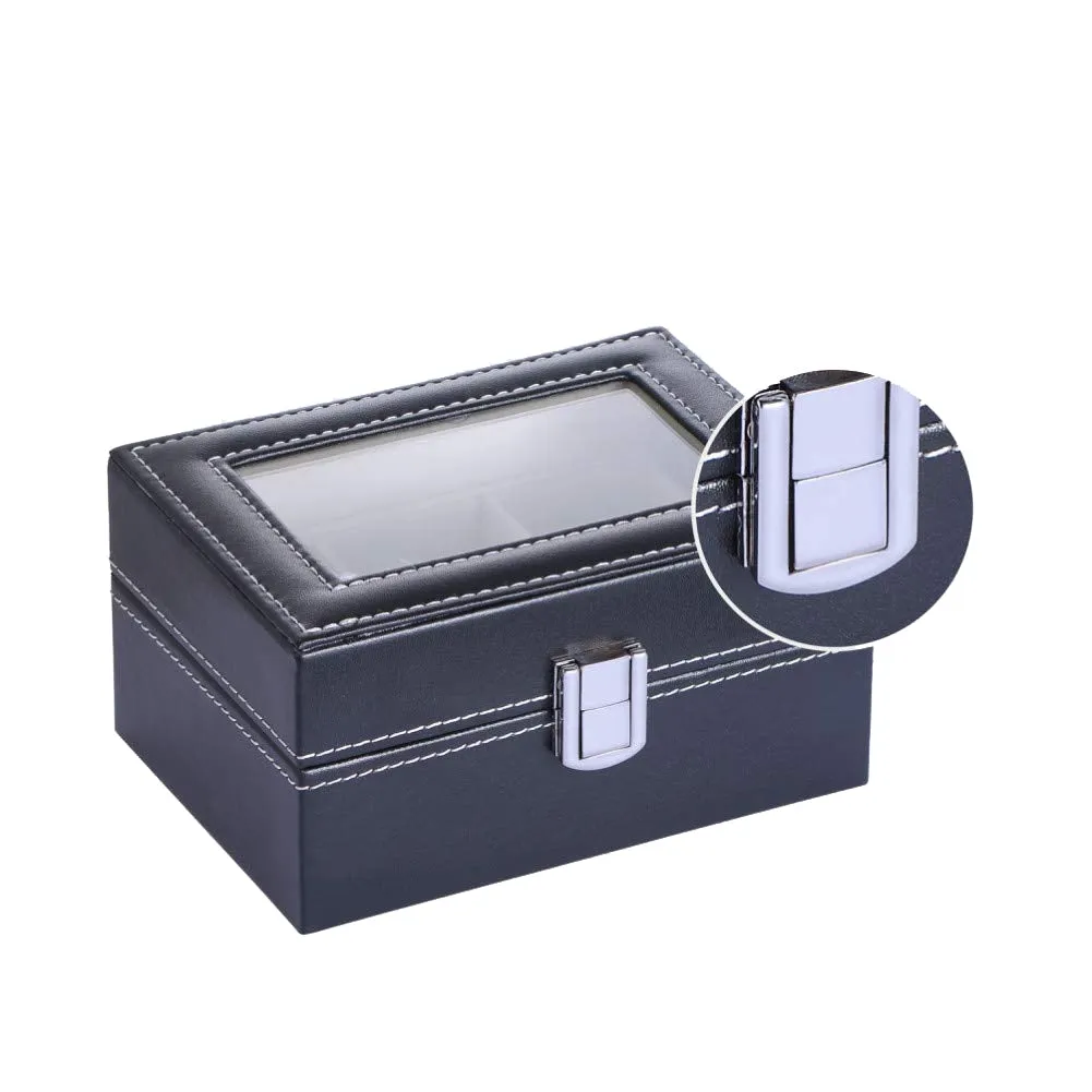 Mens Black Leather Display Glass Top Jewelry Case Organizer
