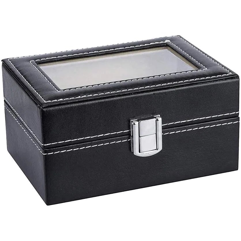 Mens Black Leather Display Glass Top Jewelry Case Organizer