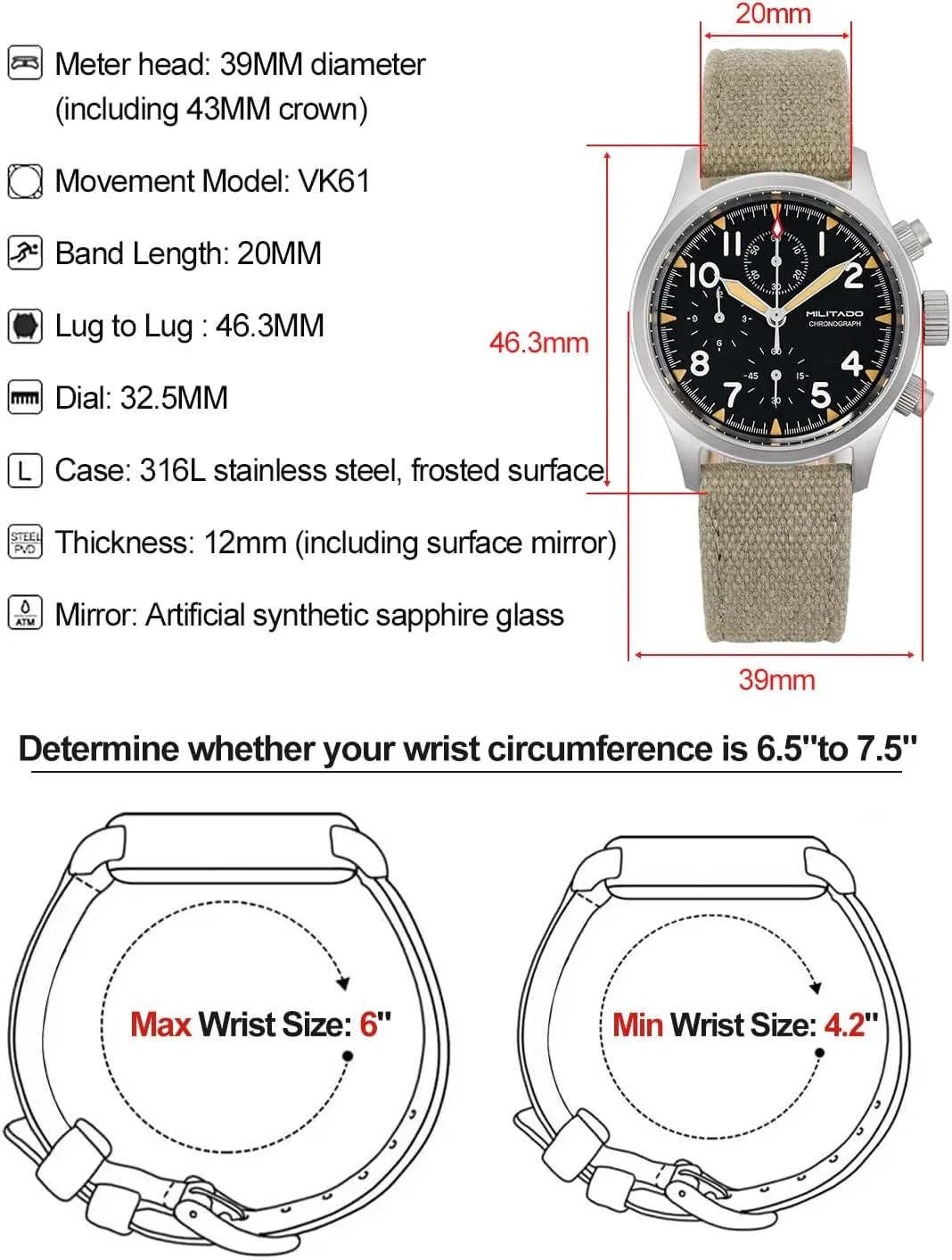 Militado Military Chronograph Watches 39mm Sapphire Crystal VK61/VK67 Quartz Luminous Wristwatches for Men 100M Waterproof Watch with Nylon Strap