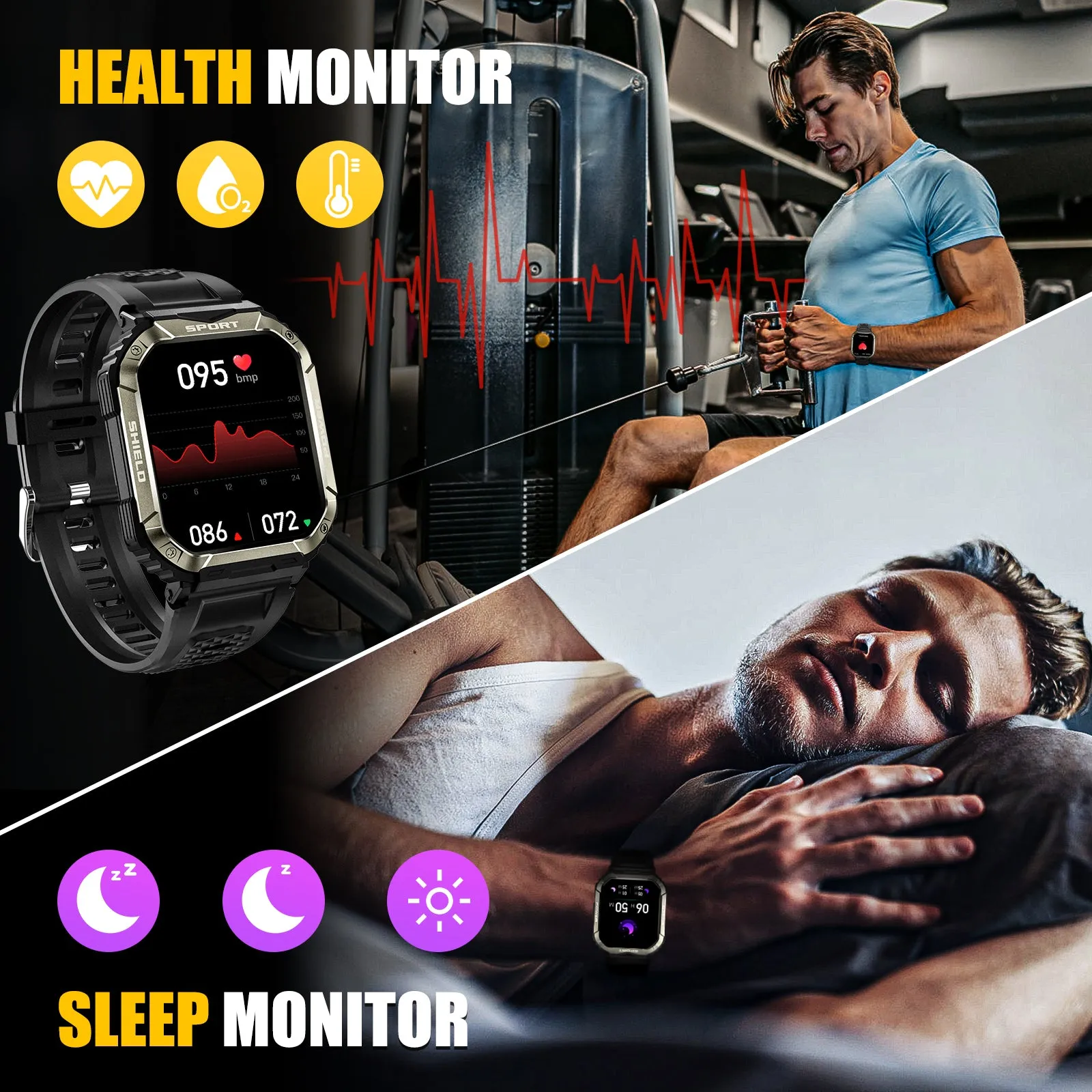 Military Smart Watch for Men Bluetooth Calling and Answer 1.85'' HD Rugged Tactical Smart watch with Heart Rate Sleep Monitor Pedometer Fitness Tracker Compatible with Android iPhone Samsung Phones