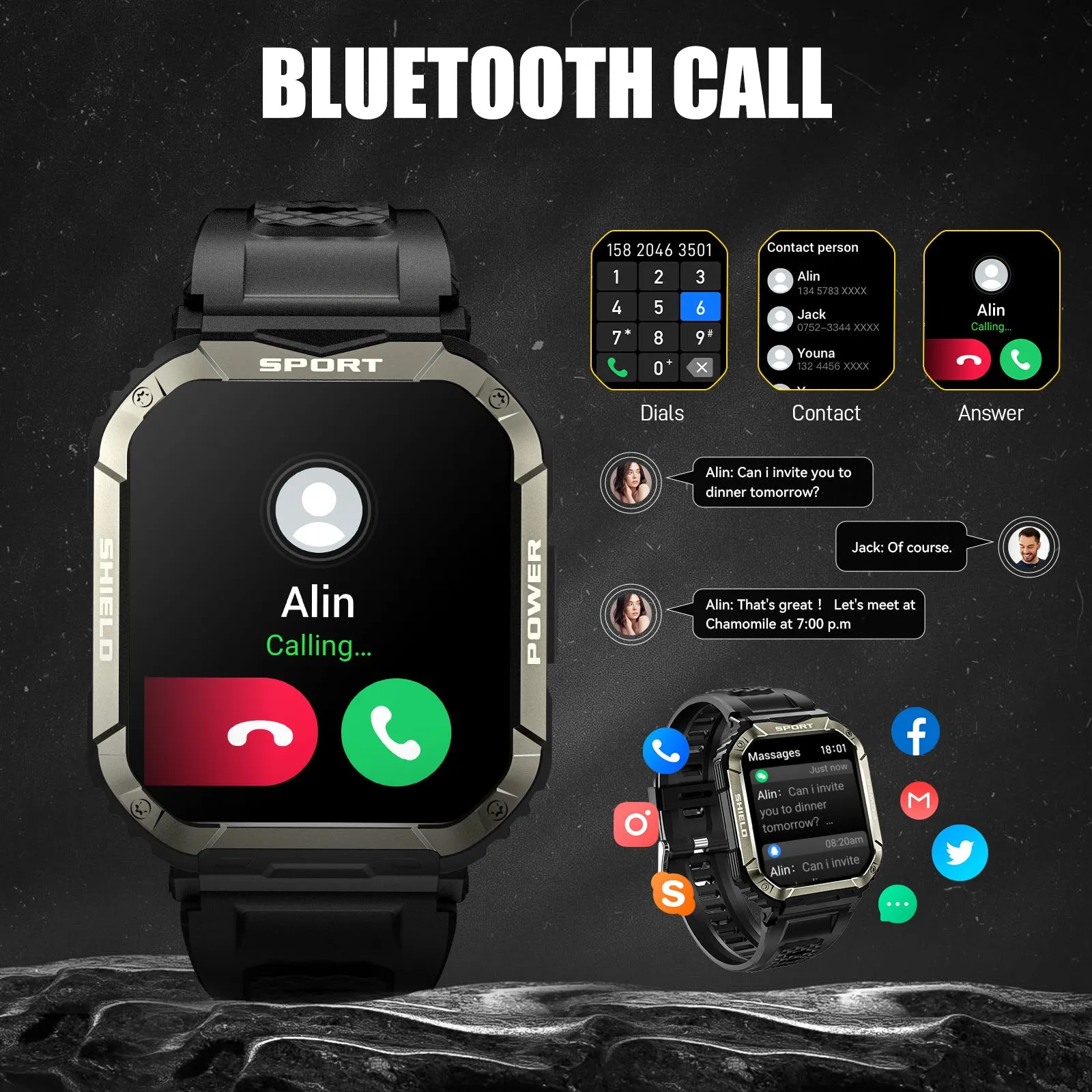 Military Smart Watch for Men Bluetooth Calling and Answer 1.85'' HD Rugged Tactical Smart watch with Heart Rate Sleep Monitor Pedometer Fitness Tracker Compatible with Android iPhone Samsung Phones