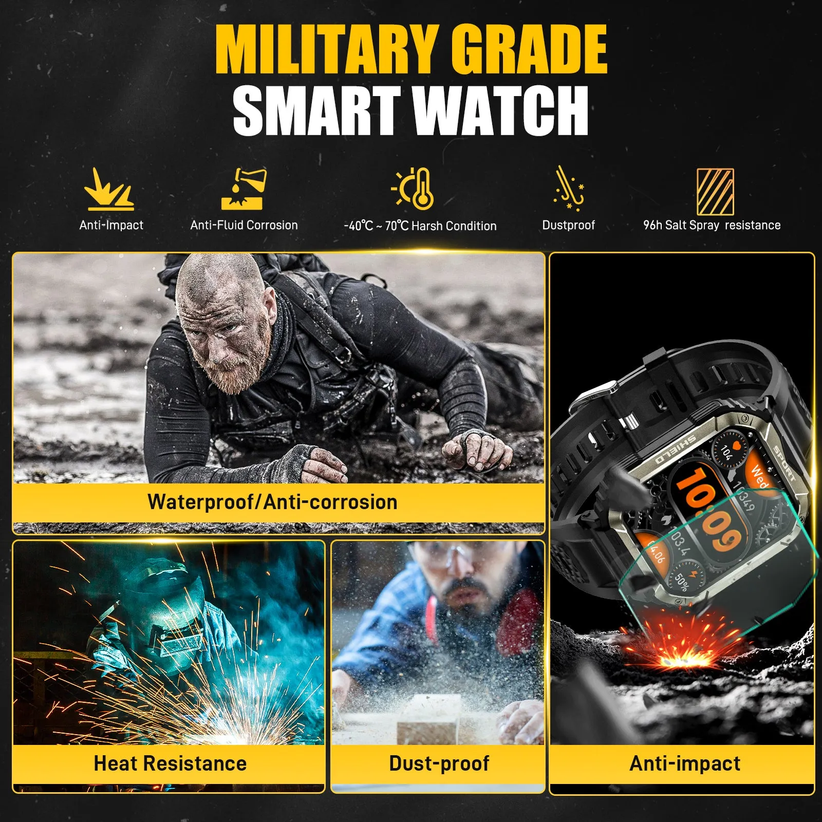 Military Smart Watch for Men Bluetooth Calling and Answer 1.85'' HD Rugged Tactical Smart watch with Heart Rate Sleep Monitor Pedometer Fitness Tracker Compatible with Android iPhone Samsung Phones