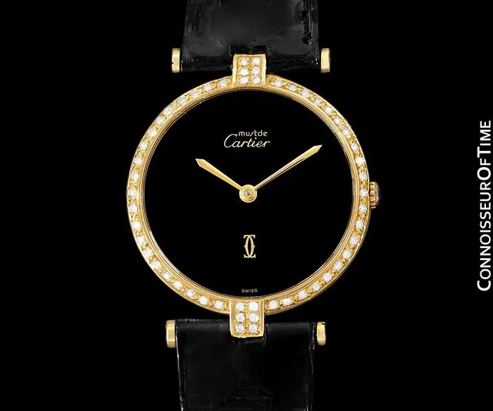 Must De Cartier Vendome Mens Midsize Unisex Vermeil Watch - 18K Gold Over Sterling Silver and Diamonds