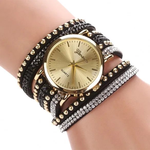 New Fashion Rhinestone Rivet Circle Belt Synthetic Leather Bracelet Watch Wrist Watch