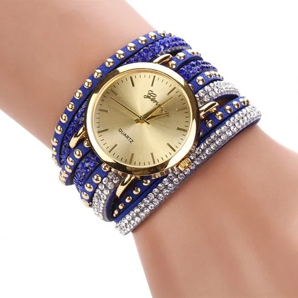 New Fashion Rhinestone Rivet Circle Belt Synthetic Leather Bracelet Watch Wrist Watch