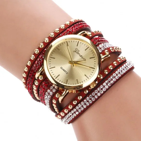 New Fashion Rhinestone Rivet Circle Belt Synthetic Leather Bracelet Watch Wrist Watch