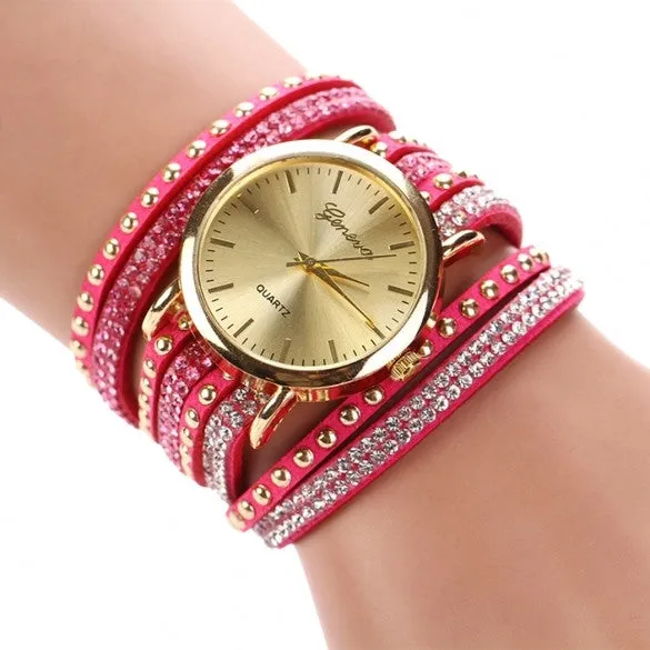New Fashion Rhinestone Rivet Circle Belt Synthetic Leather Bracelet Watch Wrist Watch