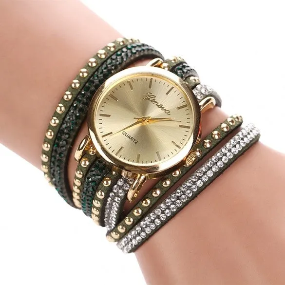 New Fashion Rhinestone Rivet Circle Belt Synthetic Leather Bracelet Watch Wrist Watch