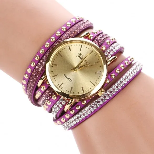 New Fashion Rhinestone Rivet Circle Belt Synthetic Leather Bracelet Watch Wrist Watch