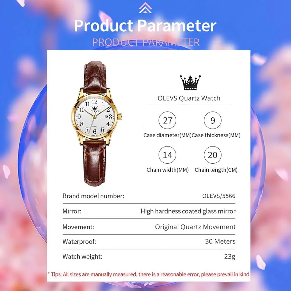 OLEVS Elegant Women's Watch Brown Leather Chronograph Watches for Women Medium Dial Fashion Dress Women Watch Waterproof Quartz Female Wristwatch Day Date Diamond Retro Watch for Women