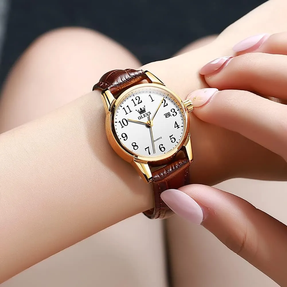 OLEVS Elegant Women's Watch Brown Leather Chronograph Watches for Women Medium Dial Fashion Dress Women Watch Waterproof Quartz Female Wristwatch Day Date Diamond Retro Watch for Women