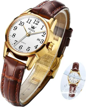 OLEVS Elegant Women's Watch Brown Leather Chronograph Watches for Women Medium Dial Fashion Dress Women Watch Waterproof Quartz Female Wristwatch Day Date Diamond Retro Watch for Women