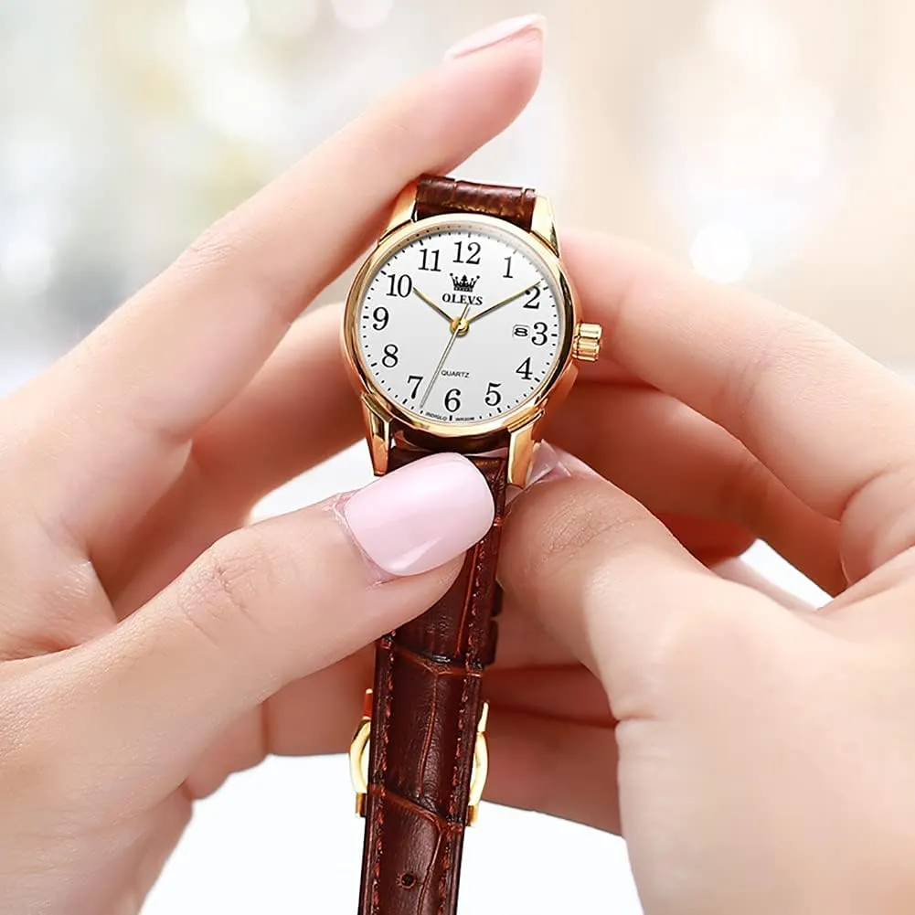 OLEVS Elegant Women's Watch Brown Leather Chronograph Watches for Women Medium Dial Fashion Dress Women Watch Waterproof Quartz Female Wristwatch Day Date Diamond Retro Watch for Women