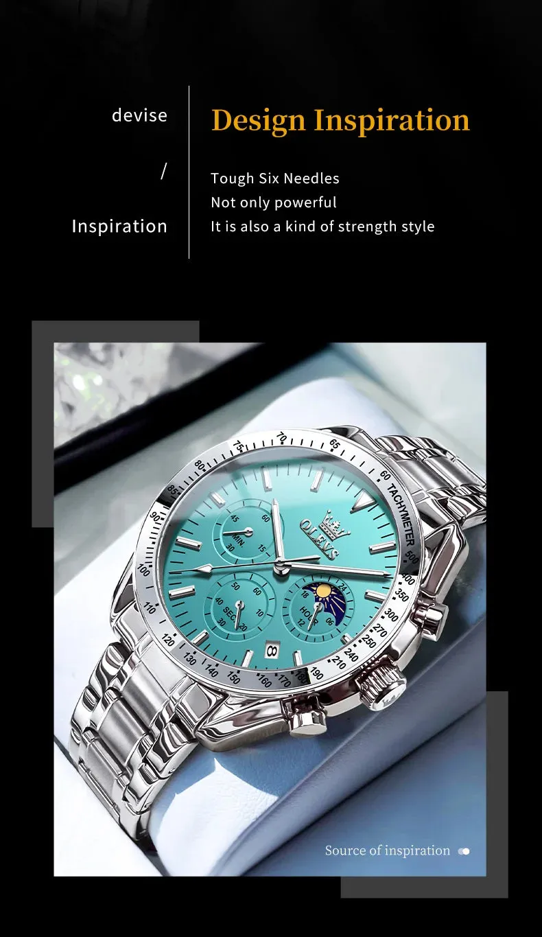 OLEVS Man Watch New Stainless Steel Waterproof Moon Phase Chronograph Classic Quartz Wristwatch Brand Original Men's Watch