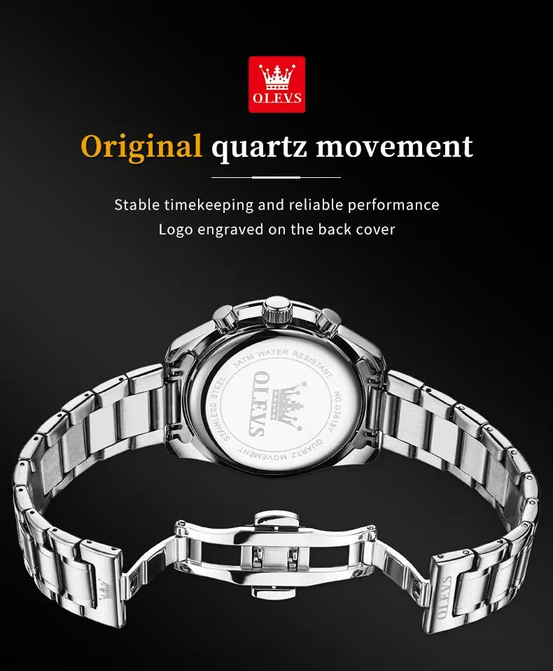 OLEVS Man Watch New Stainless Steel Waterproof Moon Phase Chronograph Classic Quartz Wristwatch Brand Original Men's Watch