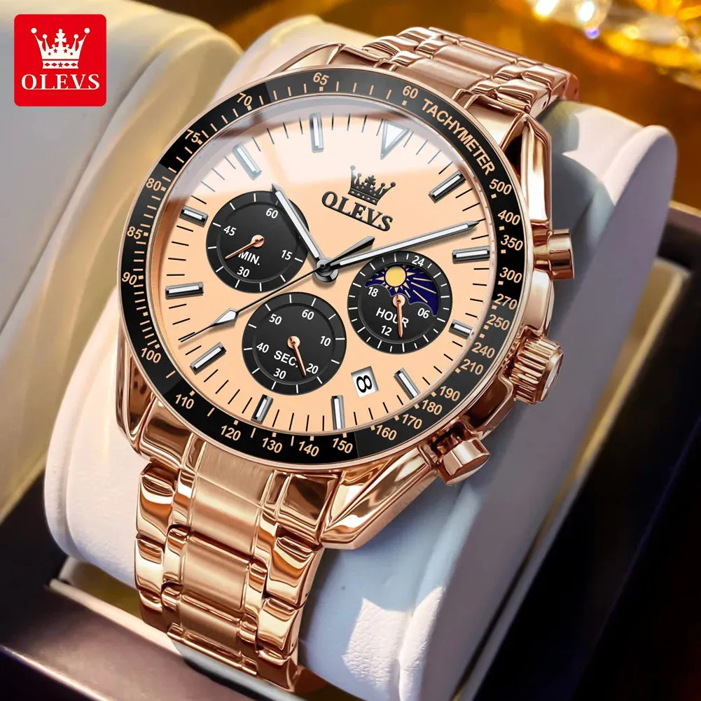 OLEVS Man Watch New Stainless Steel Waterproof Moon Phase Chronograph Classic Quartz Wristwatch Brand Original Men's Watch