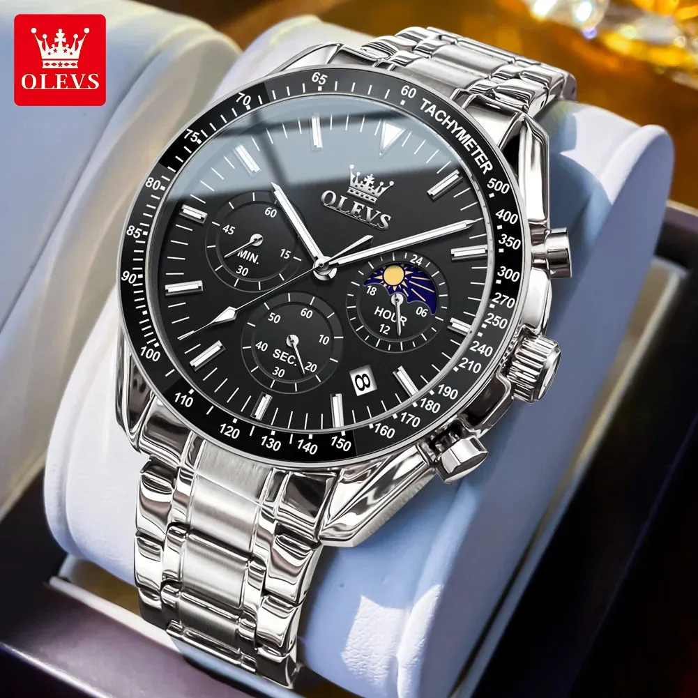 OLEVS Man Watch New Stainless Steel Waterproof Moon Phase Chronograph Classic Quartz Wristwatch Brand Original Men's Watch