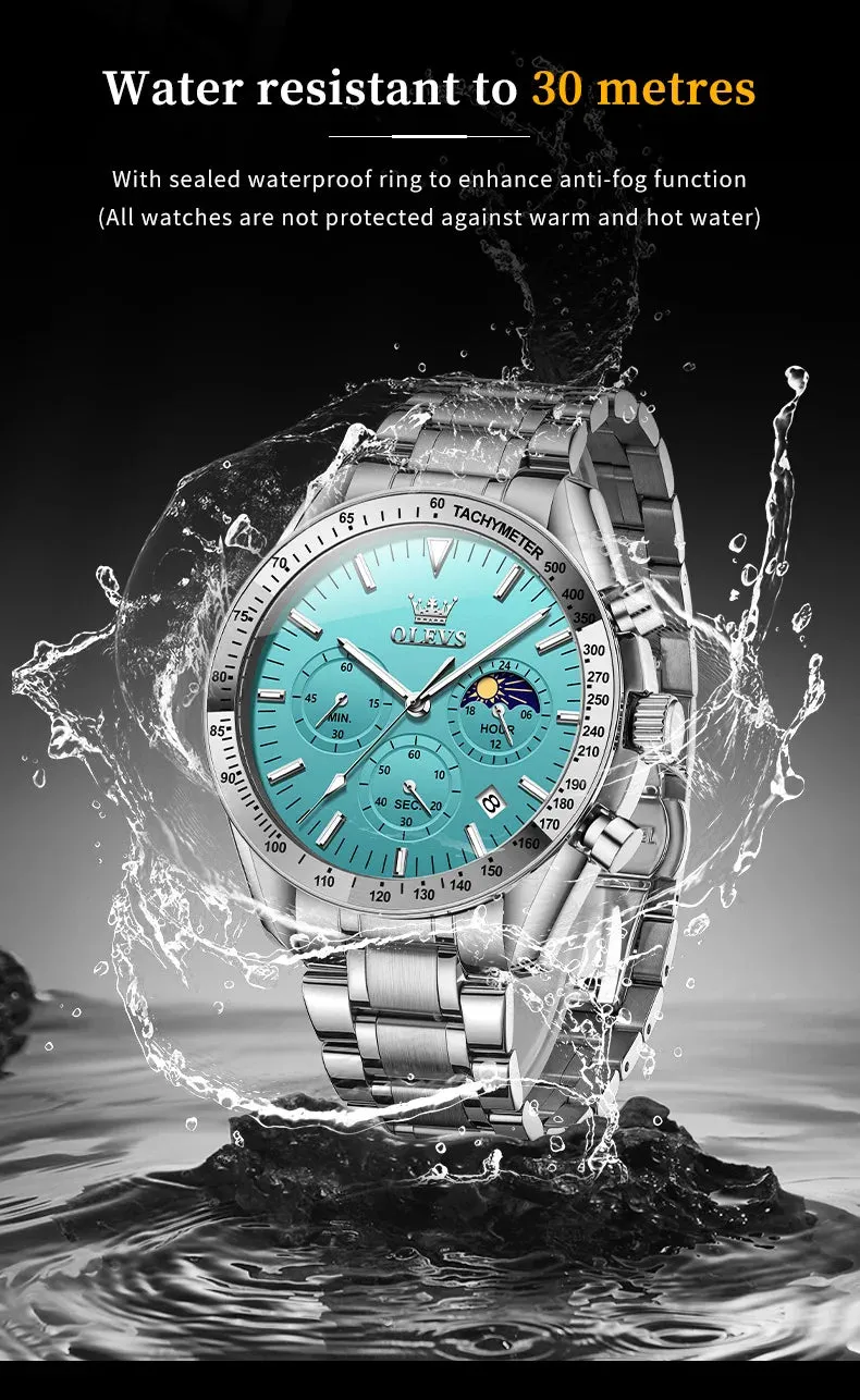 OLEVS Man Watch New Stainless Steel Waterproof Moon Phase Chronograph Classic Quartz Wristwatch Brand Original Men's Watch