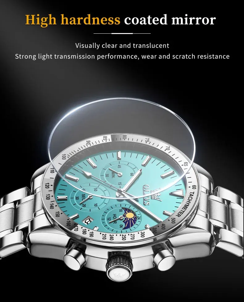 OLEVS Man Watch New Stainless Steel Waterproof Moon Phase Chronograph Classic Quartz Wristwatch Brand Original Men's Watch