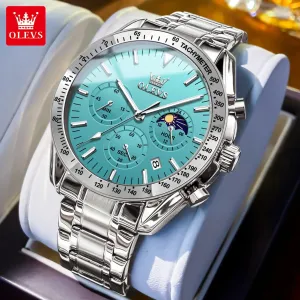 OLEVS Man Watch New Stainless Steel Waterproof Moon Phase Chronograph Classic Quartz Wristwatch Brand Original Men's Watch