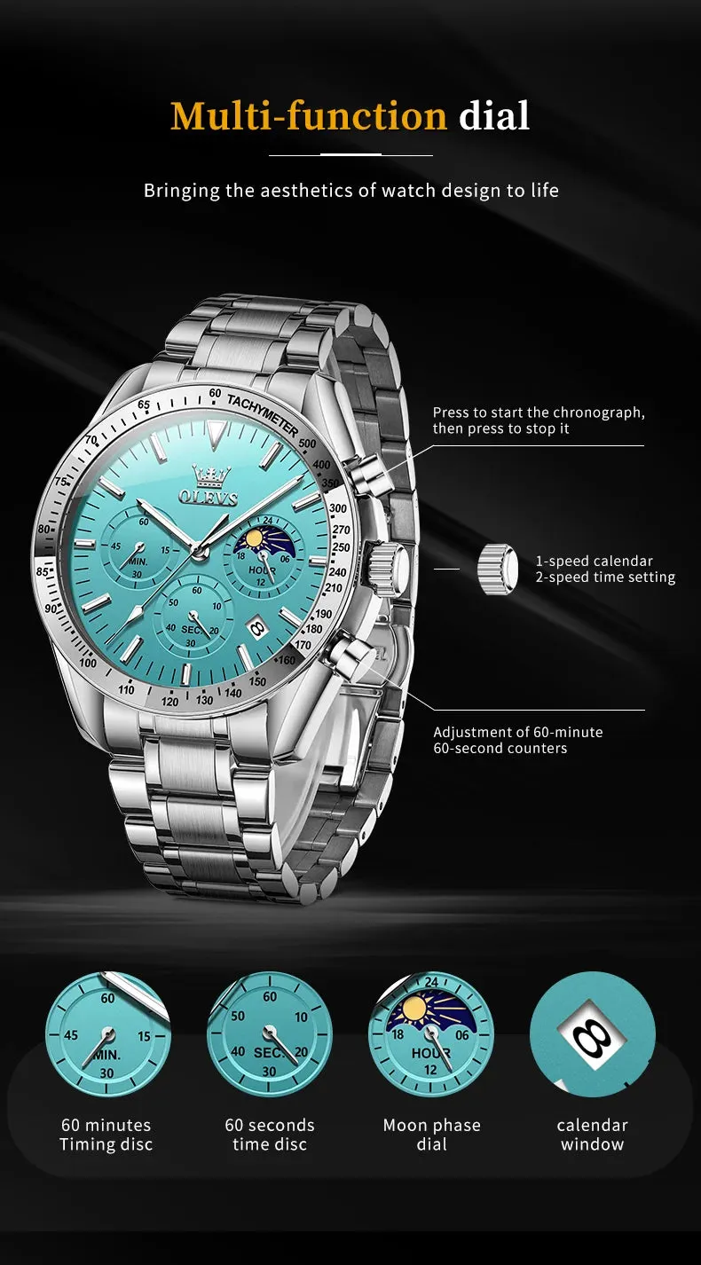 OLEVS Man Watch New Stainless Steel Waterproof Moon Phase Chronograph Classic Quartz Wristwatch Brand Original Men's Watch