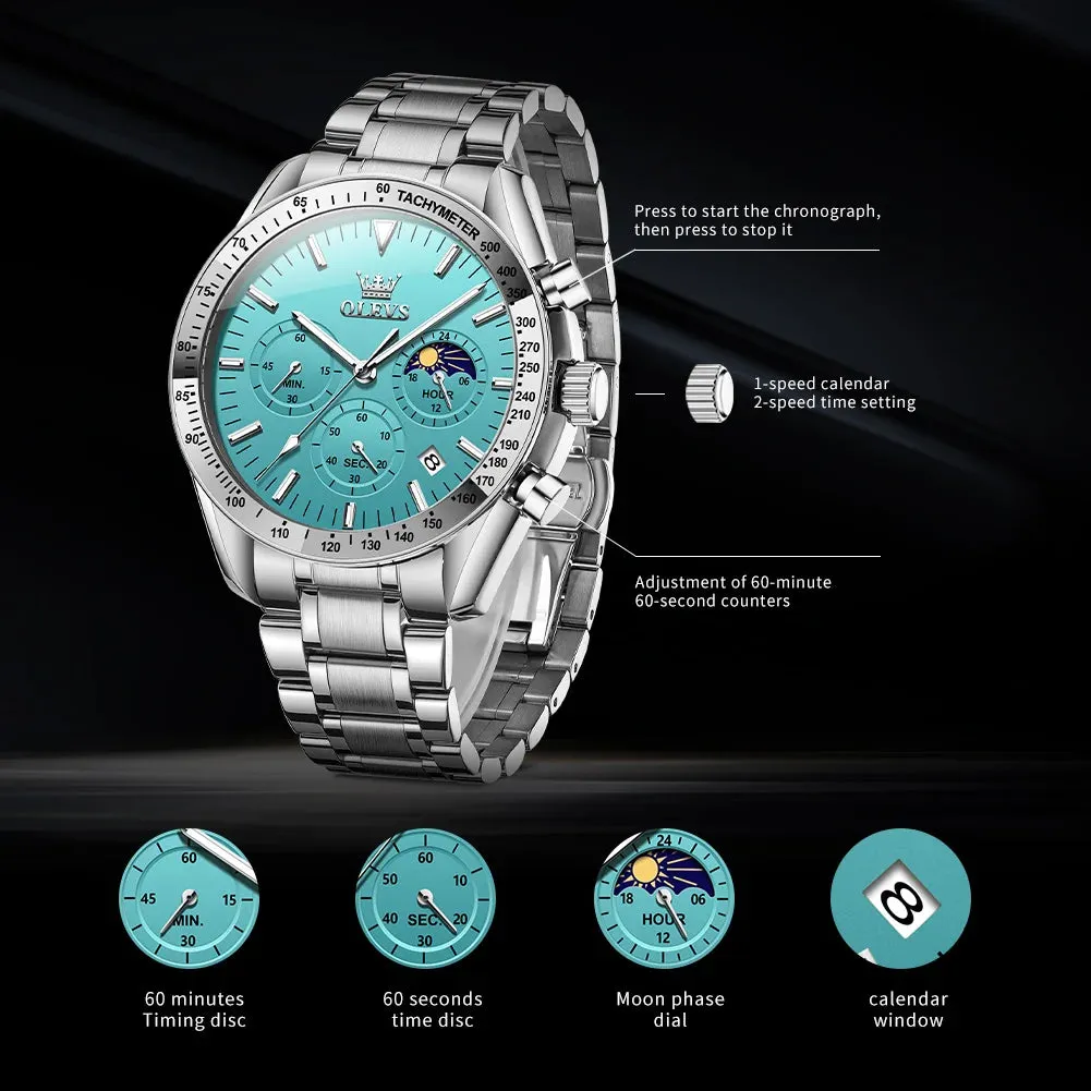OLEVS Man Watch New Stainless Steel Waterproof Moon Phase Chronograph Classic Quartz Wristwatch Brand Original Men's Watch