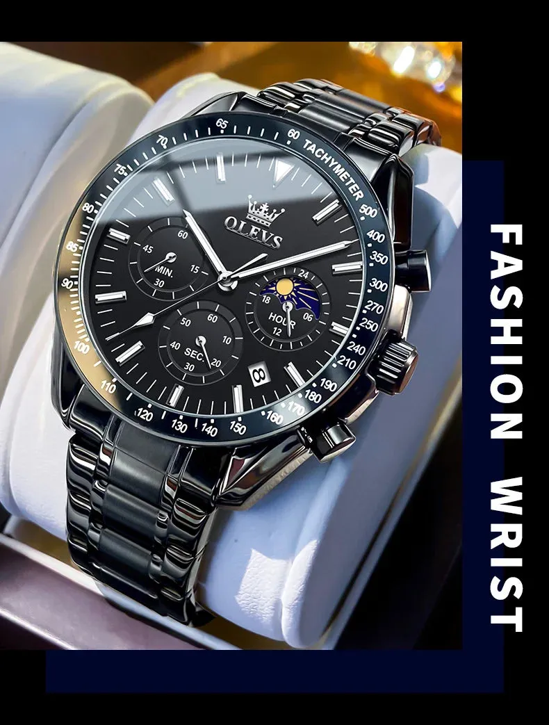 OLEVS Man Watch New Stainless Steel Waterproof Moon Phase Chronograph Classic Quartz Wristwatch Brand Original Men's Watch