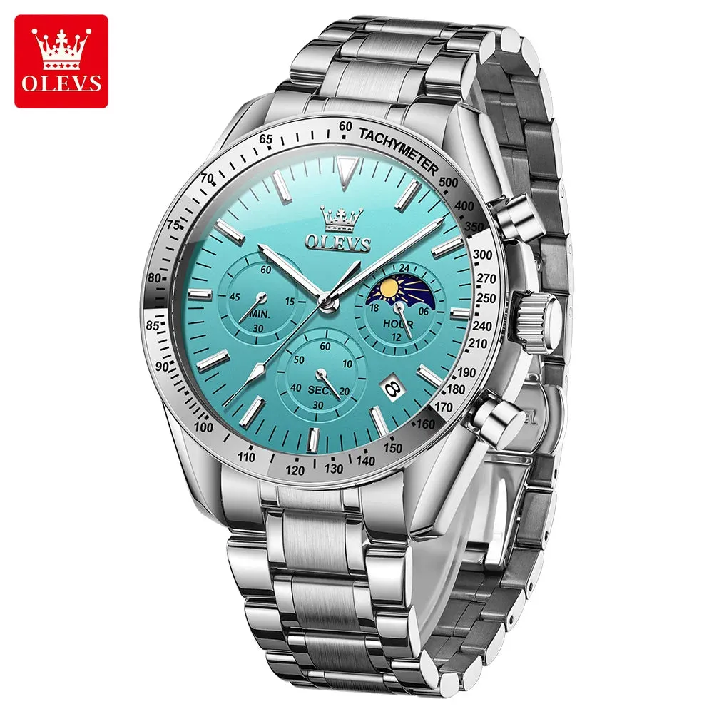OLEVS Man Watch New Stainless Steel Waterproof Moon Phase Chronograph Classic Quartz Wristwatch Brand Original Men's Watch