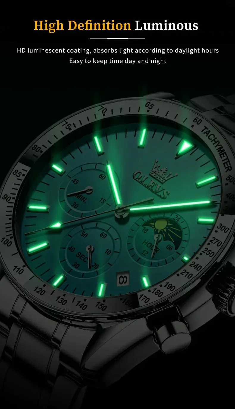 OLEVS Man Watch New Stainless Steel Waterproof Moon Phase Chronograph Classic Quartz Wristwatch Brand Original Men's Watch