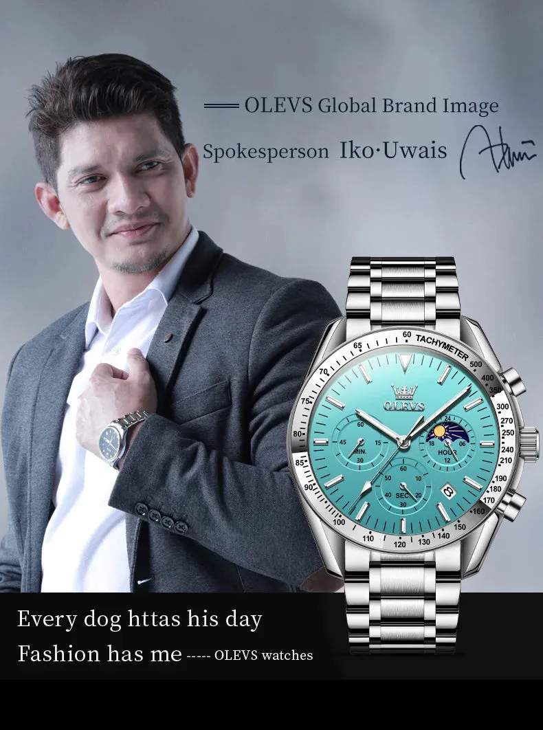 OLEVS Man Watch New Stainless Steel Waterproof Moon Phase Chronograph Classic Quartz Wristwatch Brand Original Men's Watch