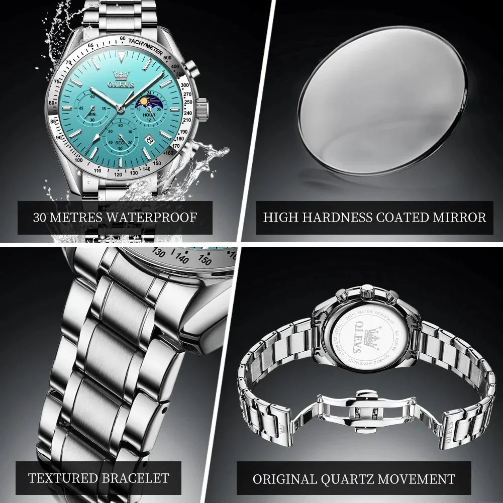 OLEVS Man Watch New Stainless Steel Waterproof Moon Phase Chronograph Classic Quartz Wristwatch Brand Original Men's Watch