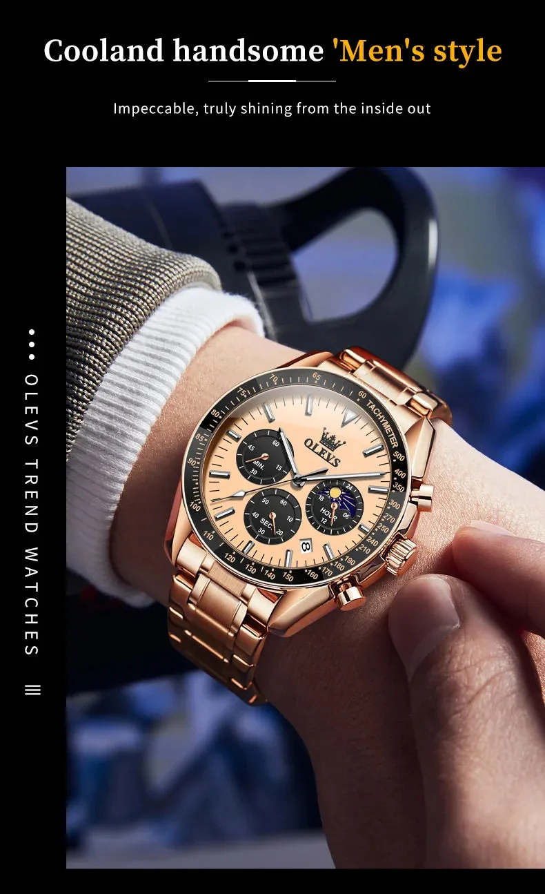 OLEVS Man Watch New Stainless Steel Waterproof Moon Phase Chronograph Classic Quartz Wristwatch Brand Original Men's Watch