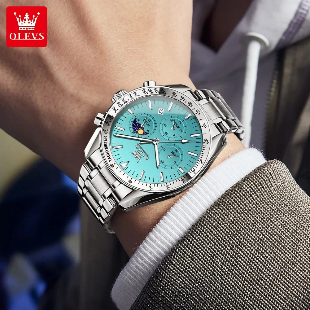 OLEVS Man Watch New Stainless Steel Waterproof Moon Phase Chronograph Classic Quartz Wristwatch Brand Original Men's Watch