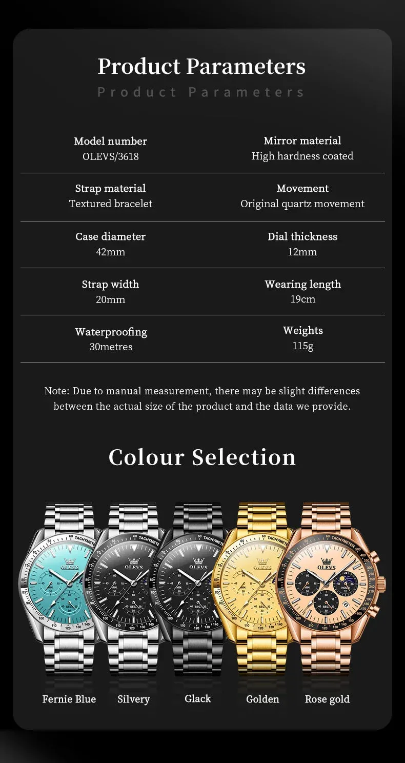 OLEVS Man Watch New Stainless Steel Waterproof Moon Phase Chronograph Classic Quartz Wristwatch Brand Original Men's Watch