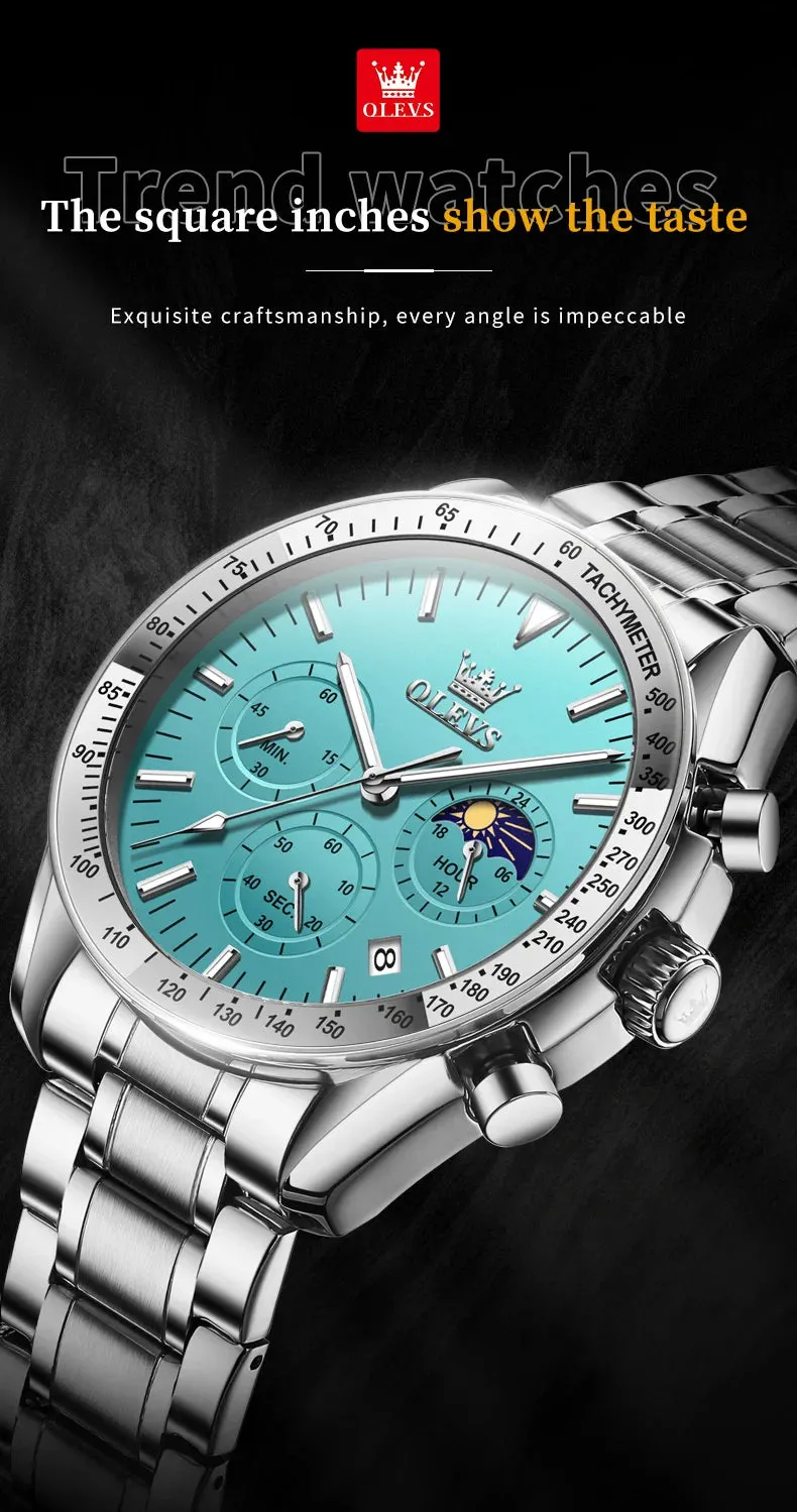 OLEVS Man Watch New Stainless Steel Waterproof Moon Phase Chronograph Classic Quartz Wristwatch Brand Original Men's Watch