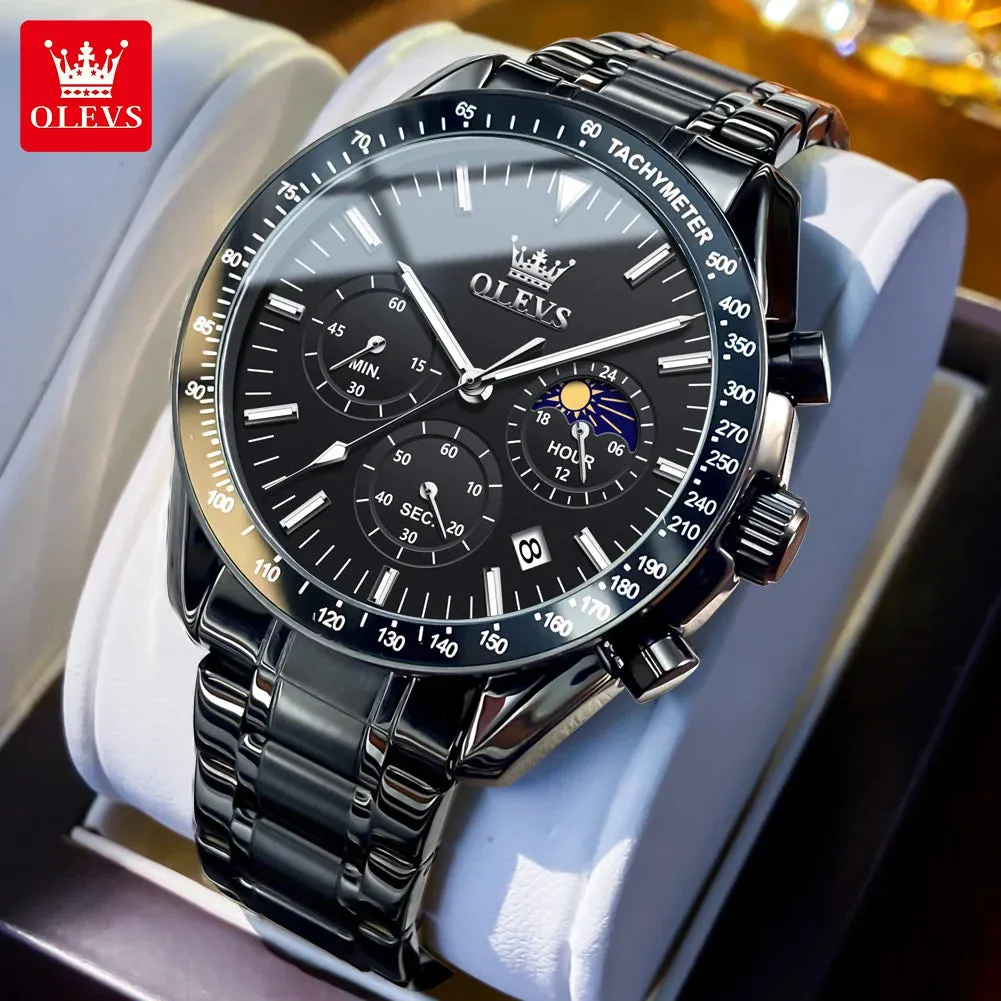 OLEVS Man Watch New Stainless Steel Waterproof Moon Phase Chronograph Classic Quartz Wristwatch Brand Original Men's Watch