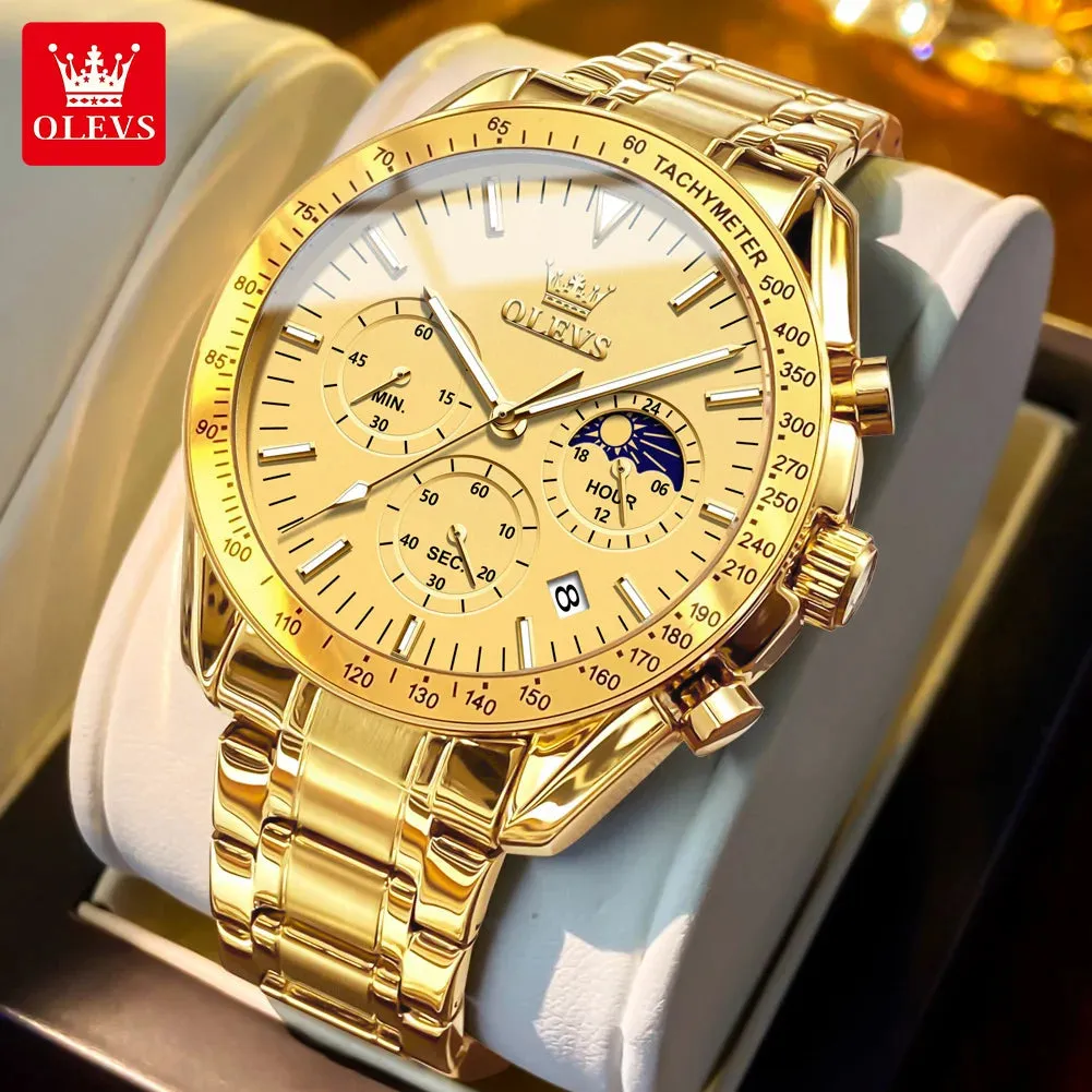 OLEVS Man Watch New Stainless Steel Waterproof Moon Phase Chronograph Classic Quartz Wristwatch Brand Original Men's Watch